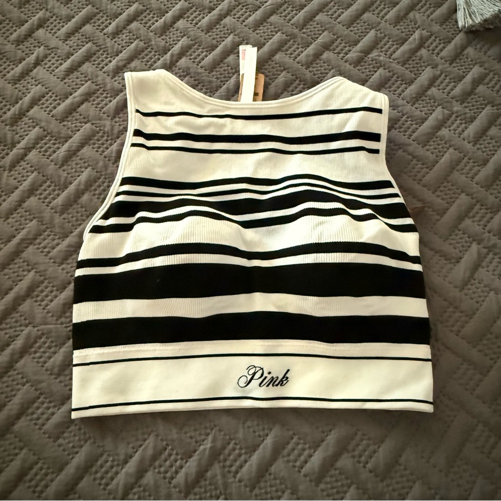 NWT PINK VS Women's Black and White Striped Sports Bra- size XL
